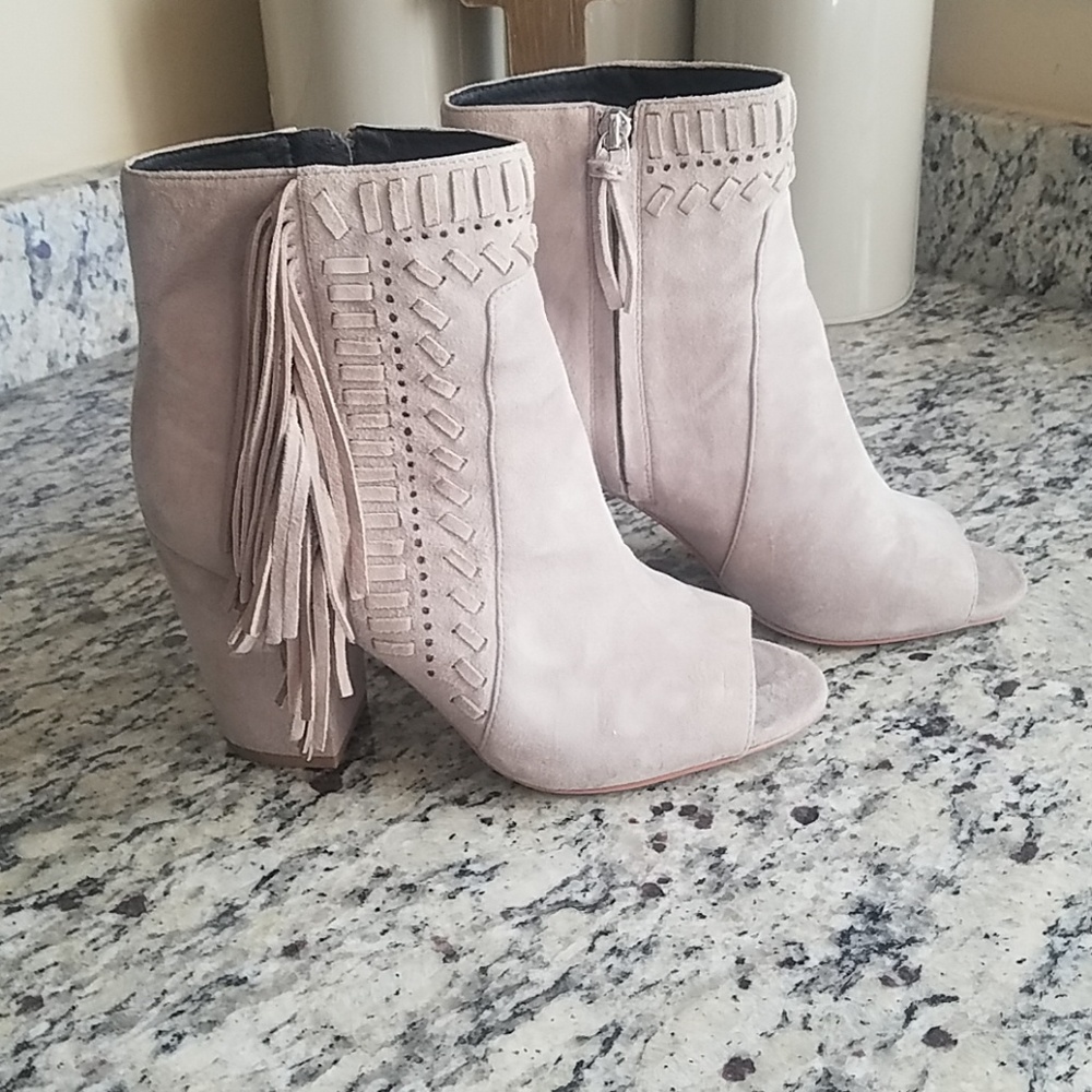 REBECCA MINKOFF IRIS PEEP TOE FRINGE BOOTIE